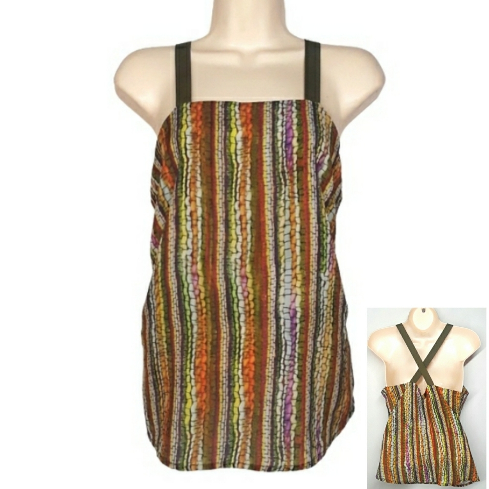 WOLLNER Green Colorful Multi Print Striped Criss Cross Back Top Small